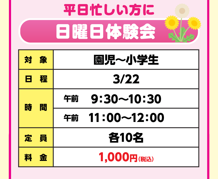 園児・学童コース限定 日曜日体験会