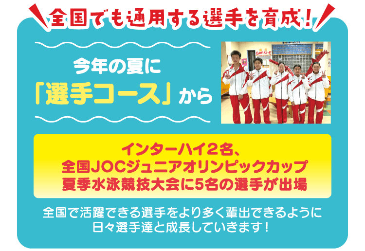 今年の夏に「選手コース」からインターハイ２名、全国JOCジュニアオリンピックカップ夏季水泳競技大会に5名の選手が出場