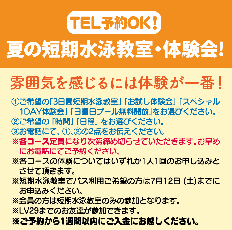夏の短期水泳教室・体験会